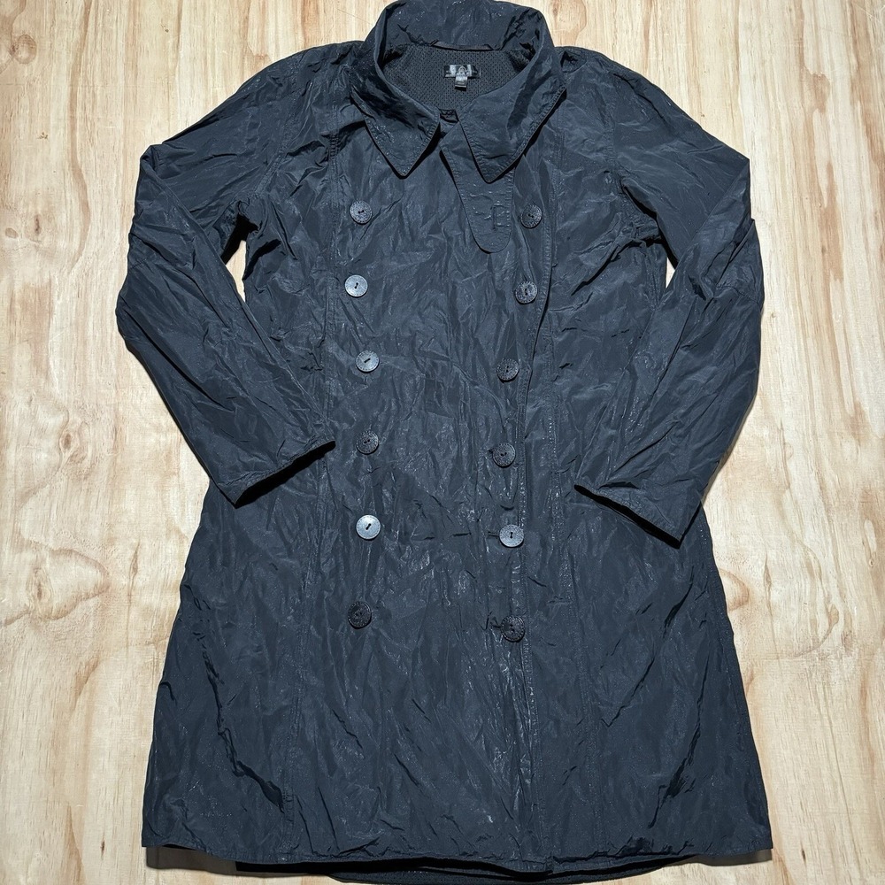 Black Crinkle Double Breasted Trench Coat Mesh Lined Lightweight Jacket Read
